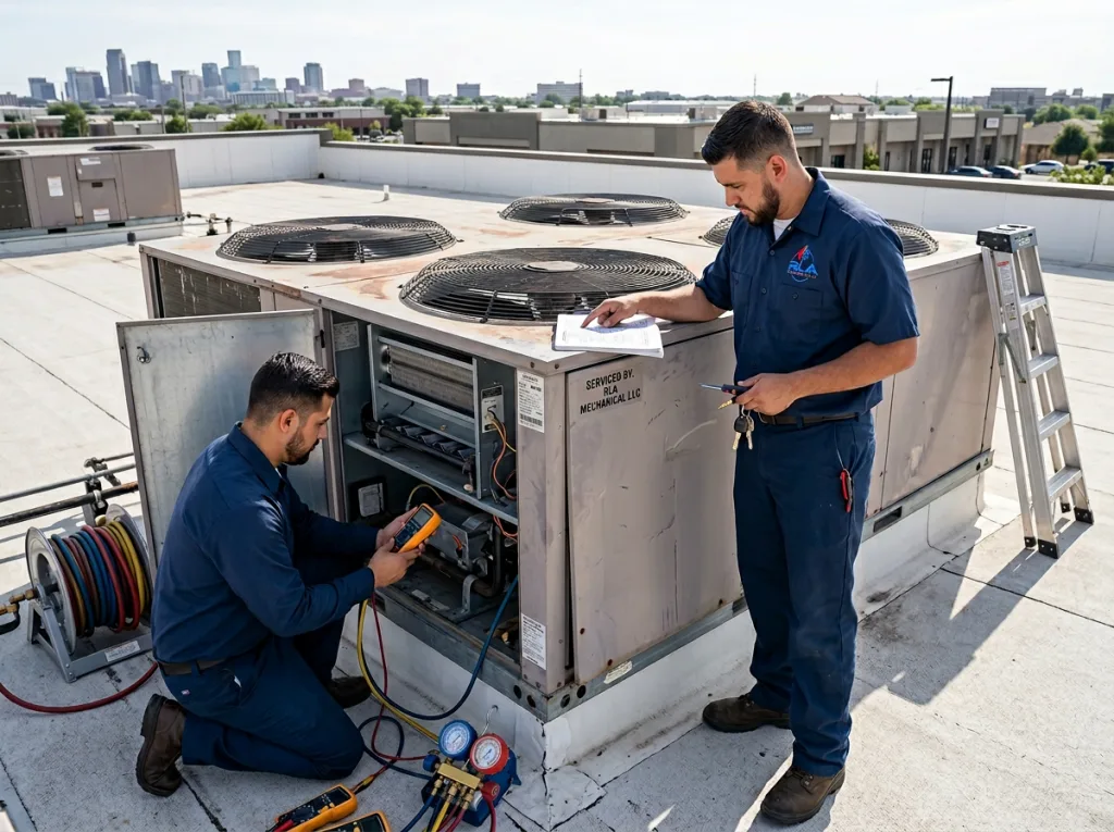 RLA Mechanical team repairing commercial heating system for a Central Florida business